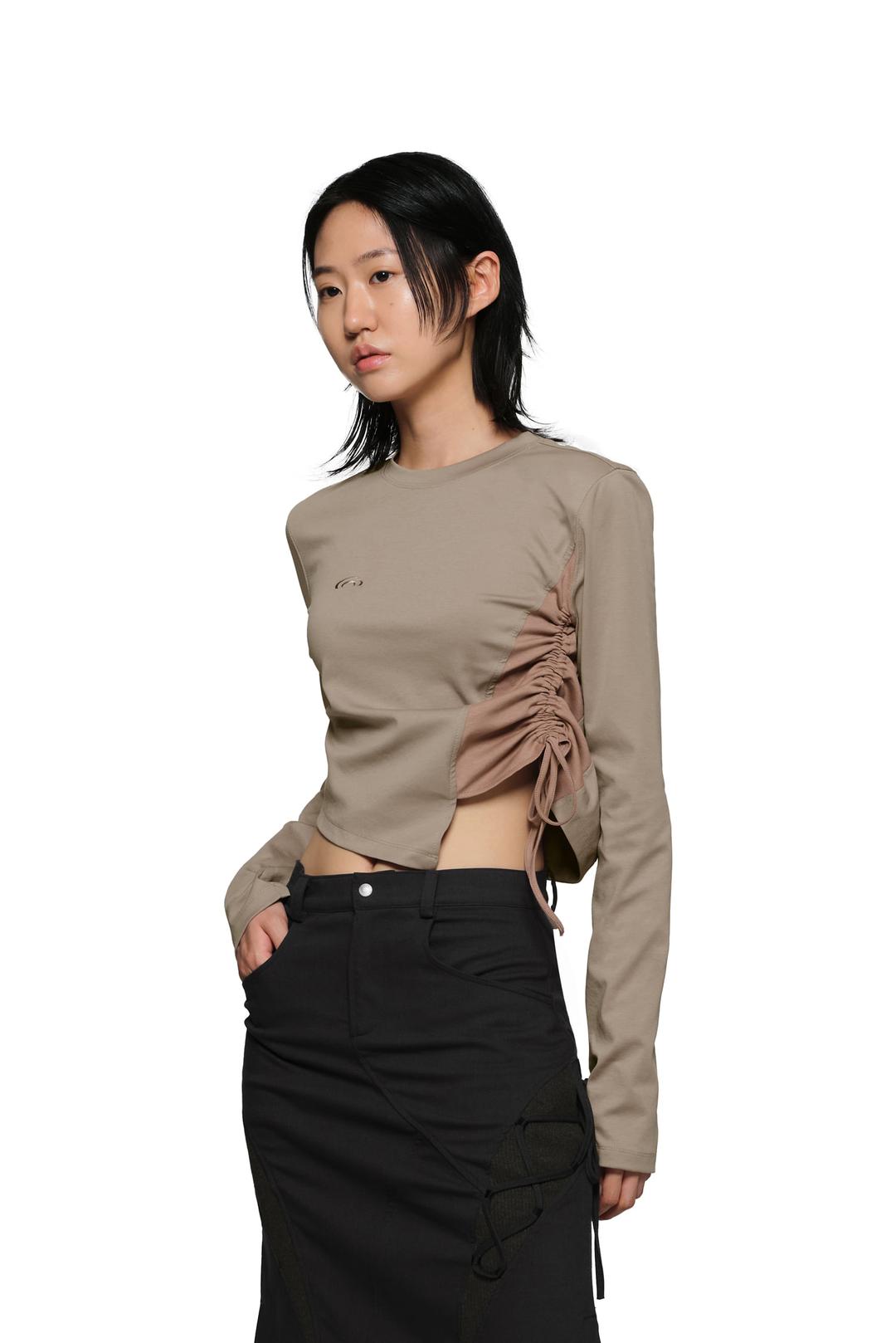 SHIRRING RIBBON LONG T-SHIRT - BRICK