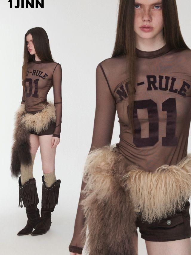 [1JINN STUDIO] Flocked Sports Print Mesh Mock Neck Top