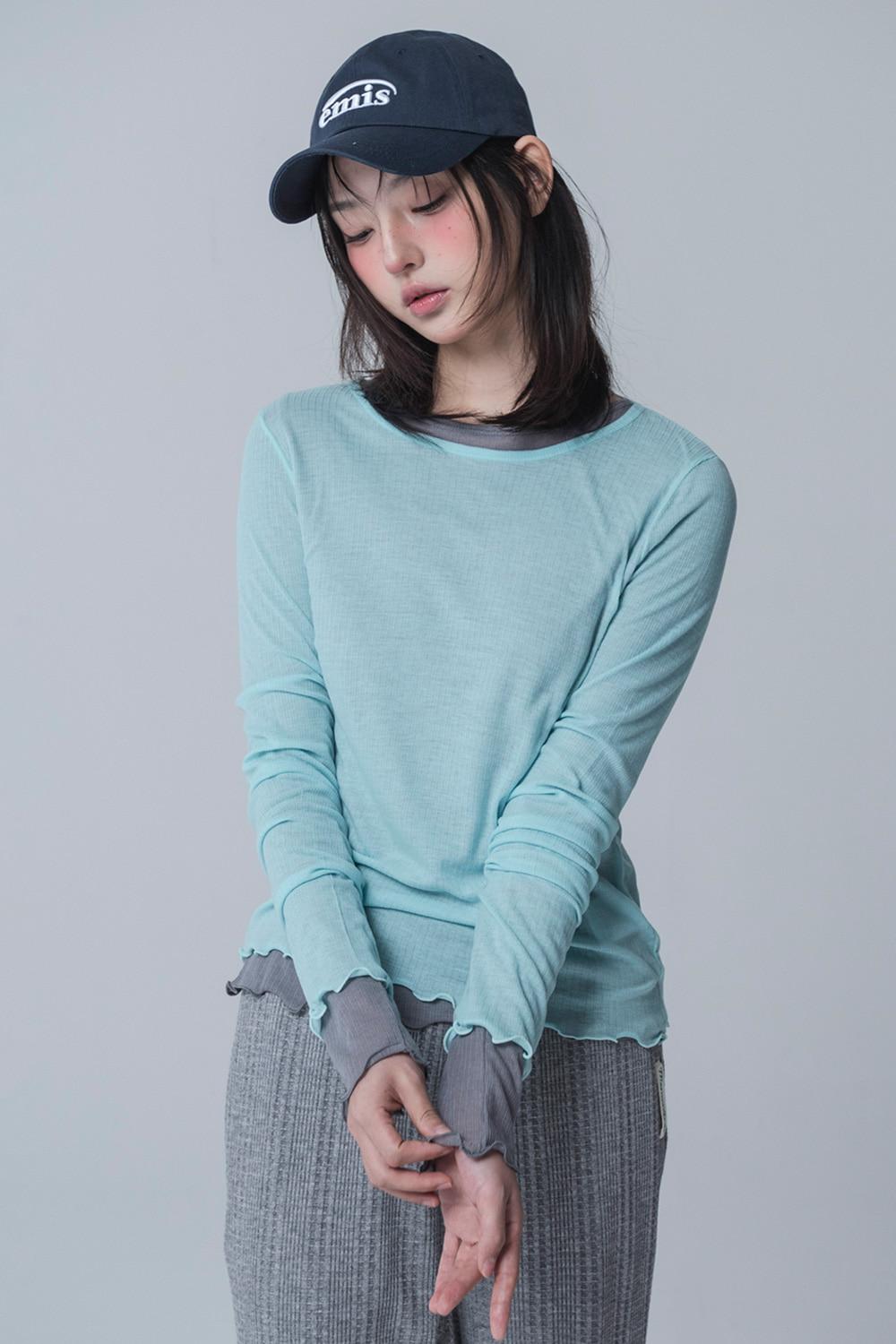 SEE-THROUGH ROUND NECK SHIRRING TSHIRT_OCEAN MINT