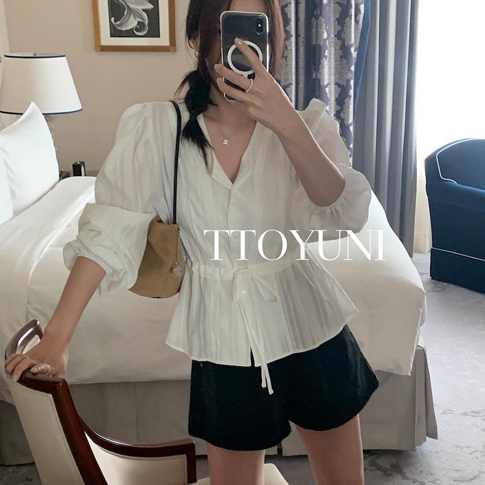 멜라운지 mellounge 디어 레이스 블라우스 퍼프 허리 포인트 긴팔 떠유니