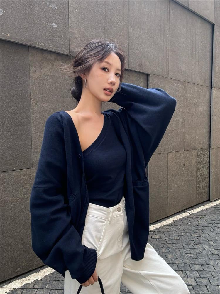 르에미 언발 골지 니트 민소매 가디건 세트