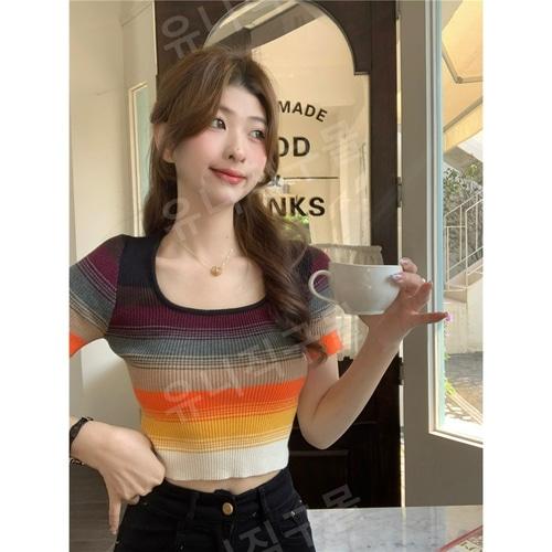 여름 여성 스트라이프 니트 나시 반팔티