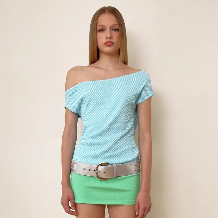 UNBALANCED GINGHAM OFF-SHOULDER TOP, BABY BLUE