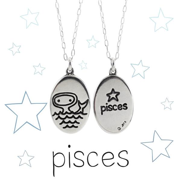 Oval Sterling Silver Pisces Necklace on Adjustable 925 Chain - Zodiac Charm