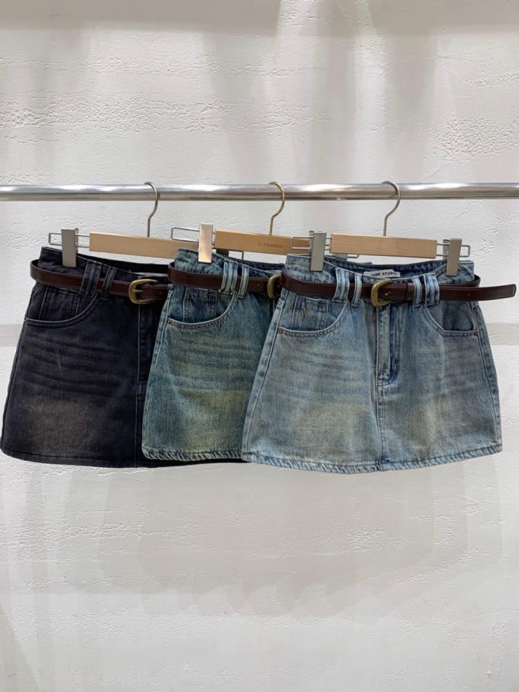 웨스턴 벨트세트 데님 미니스커트 3 colors 연청 빈티지 흑청