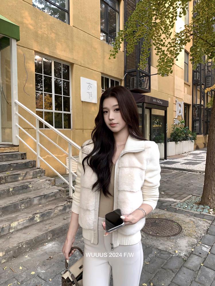 밍크 퍼 고급 오리털 캐시 점퍼 집업 니트 패딩