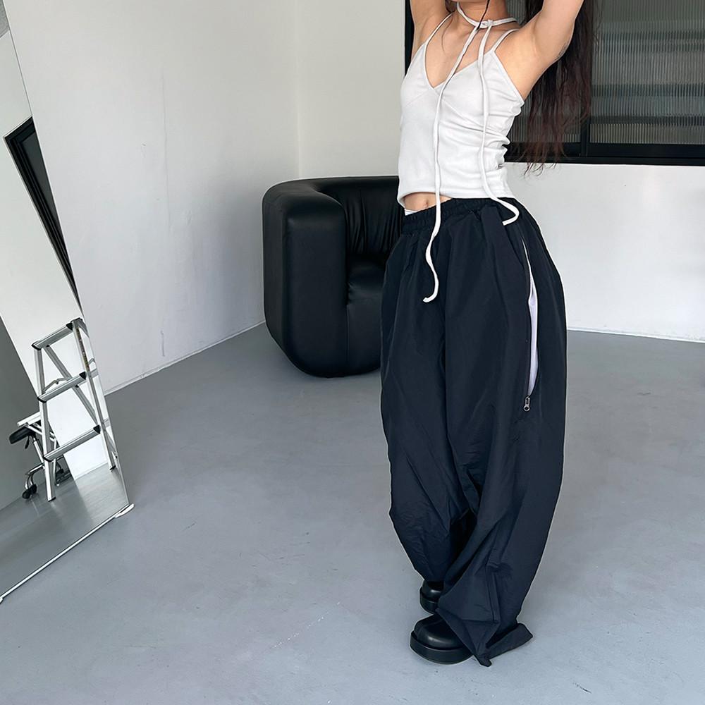 유니섹스 사이드 지퍼 배색 나일론 팬츠 여성 와이드핏 벌룬 트랙팬츠 여름 스트릿 유니크룩