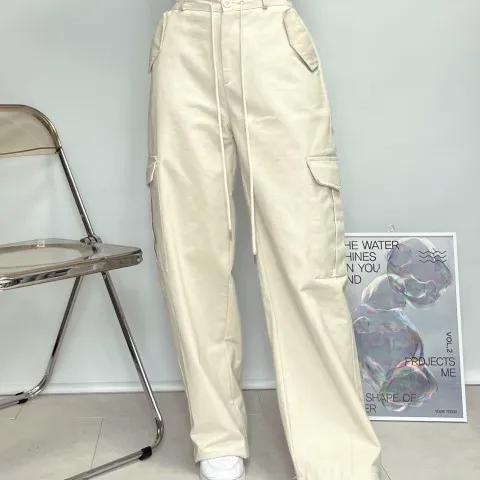 [골반보정효과/키작녀추천] 기장수선 없이 입을 수 있는 카고 포켓 와이드 허리 밴딩 팬츠 Y2K 뉴진스 아이보리카고 조거 롱팬츠