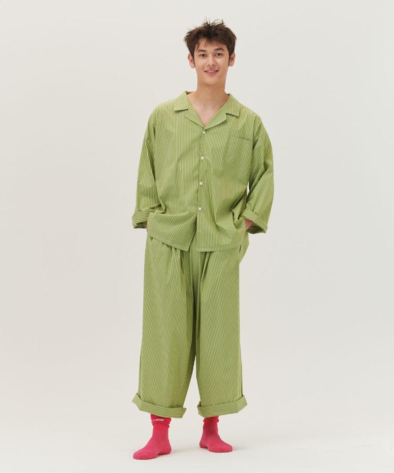 (uni)도미토리 티킹 스트라이프 파자마올리브(1/12 출고 예정)