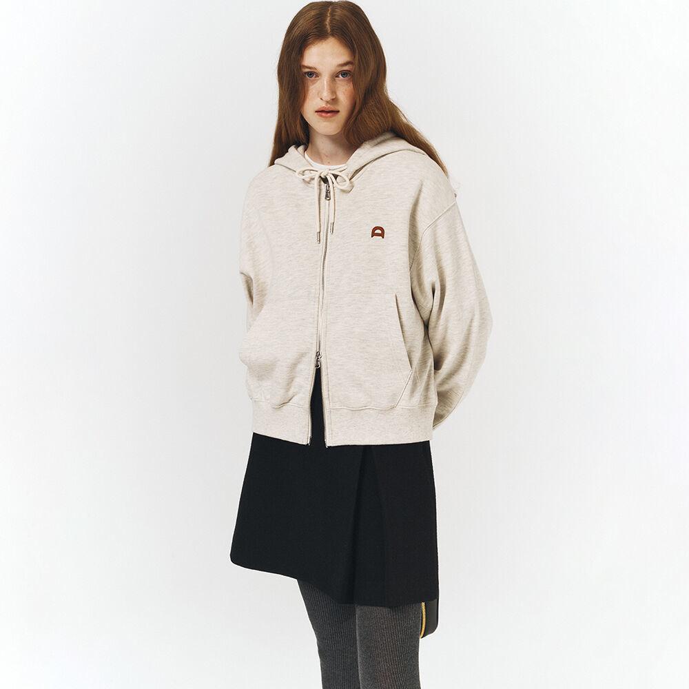 UNISEX LEATHER LOGO ZIP-UP HOODIE OATMEAL MELANGE_UDTS3C108I1