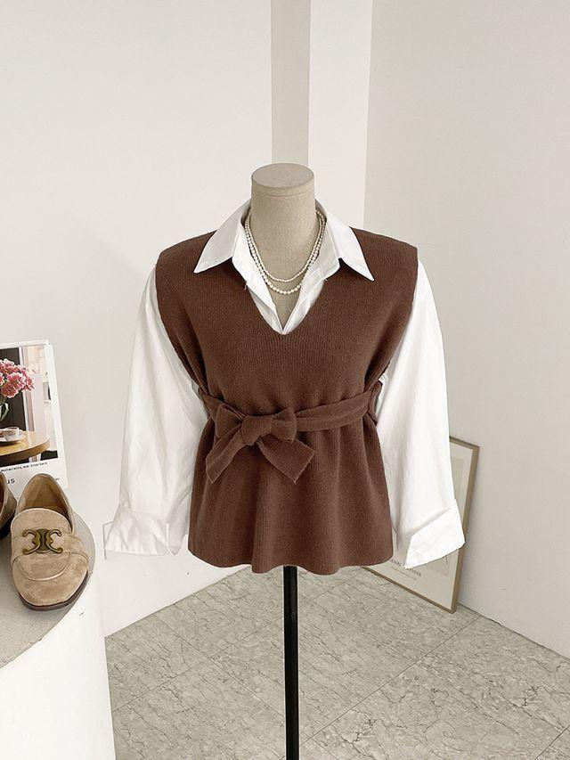 엘듀 트임 리본 언발 니트 조끼(6color)