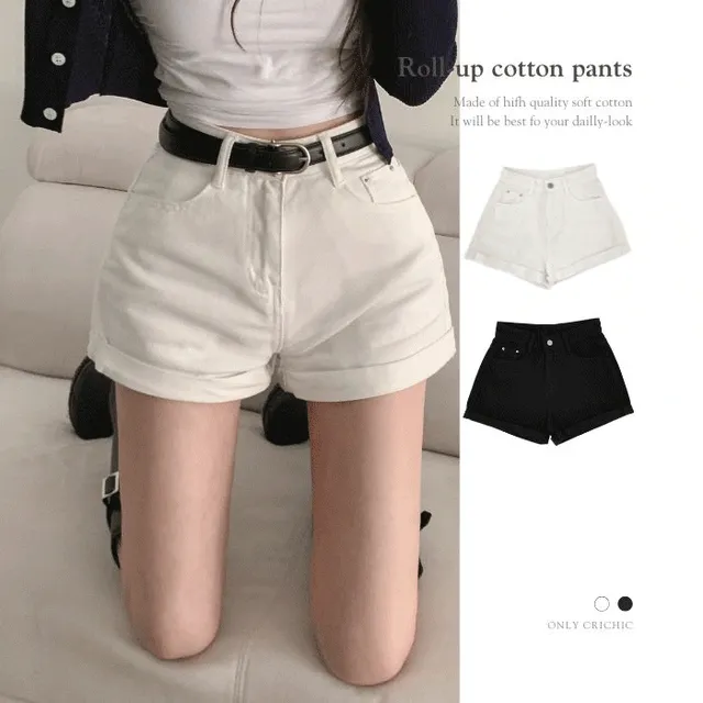 [단독❣S~XL] 롤업 모코 화이트&블랙 기본핏 여름 코튼 숏팬츠 면반바지 (벨트포함X)