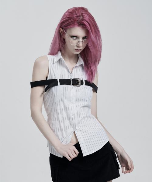 WHITE STRIPE BELTED SLEEVELESS SHIRTS