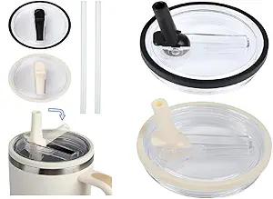 스탠리 컵용 교체 가능한 텀블러 플립 빨대 뚜껑 2개, 빨대 포함, 재사용 가능한 텀블러 커버, 흘림 방지 스플래시 방지 텀블러 뚜껑 (블랙 앤 화이트)