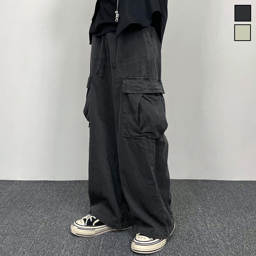 피그먼트 와이드 카고 팬츠 아메카지 밴딩 바지 2color