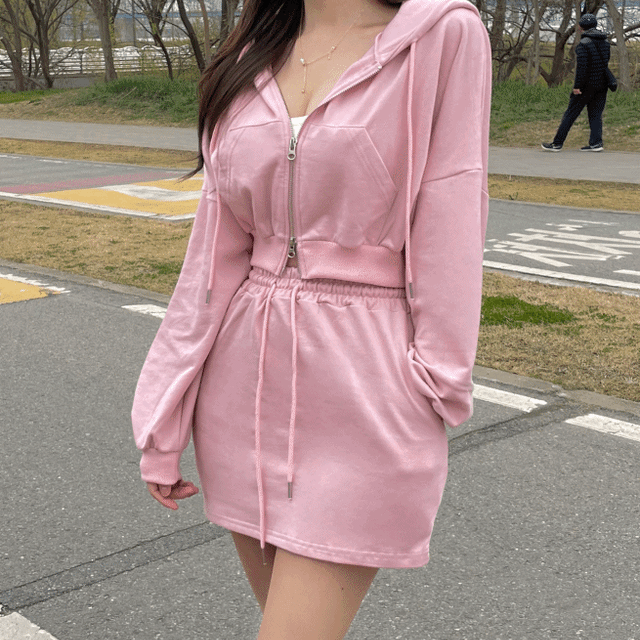 💗꾸안꾸룩 종결!💗 크롭 투웨이 지퍼 후드 집업 + 면 밴딩 미니 치마 스커트 + 면 반바지 추리닝 트레이닝 복 투피스 쓰리피스 세트 여행룩