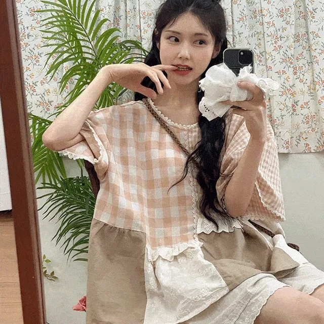 (빅사이즈) 해온 체크 블라우스 레이스 반팔 린넨 루즈핏