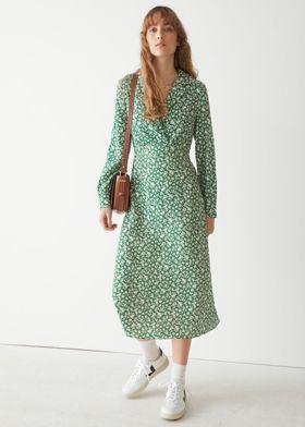 카라 프린트 미디 드레스