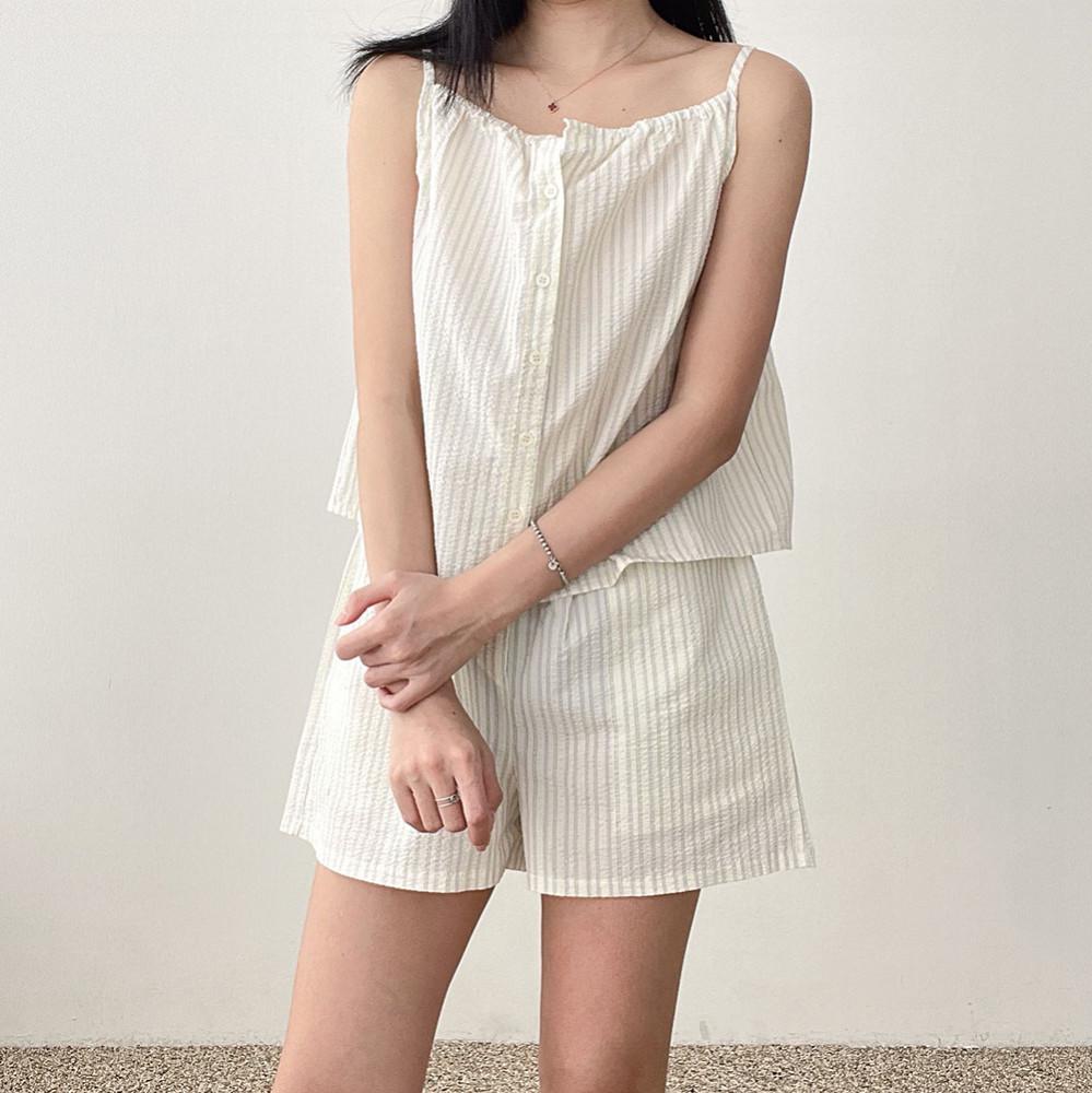 노잉 시어서커 국산 끈나시 순면 스트라이프 여름 잠옷 세트 파자마 선물