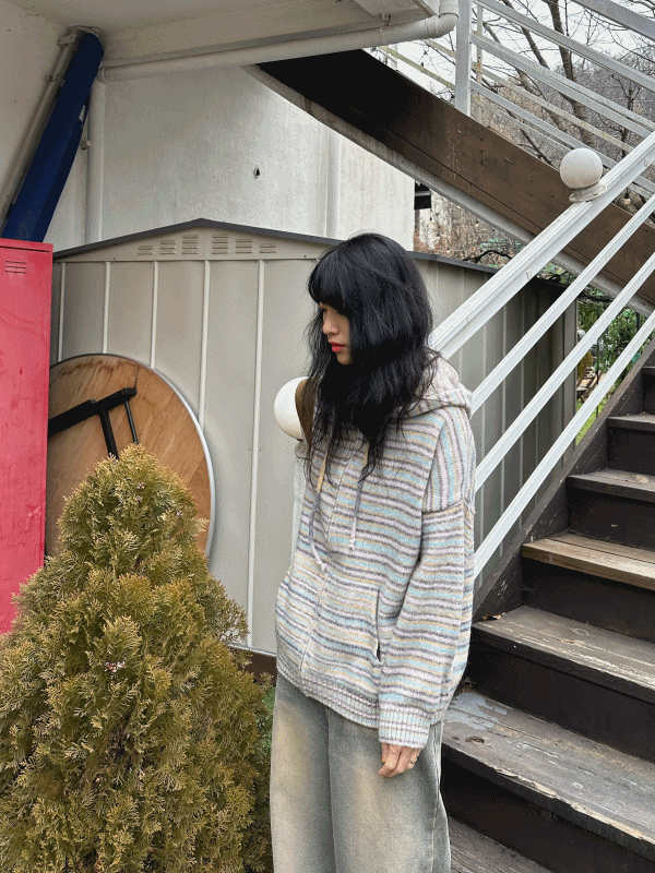 Pastel stripe hoodie zip-up / 파스텔 스트라이프 후드집업 니트집업