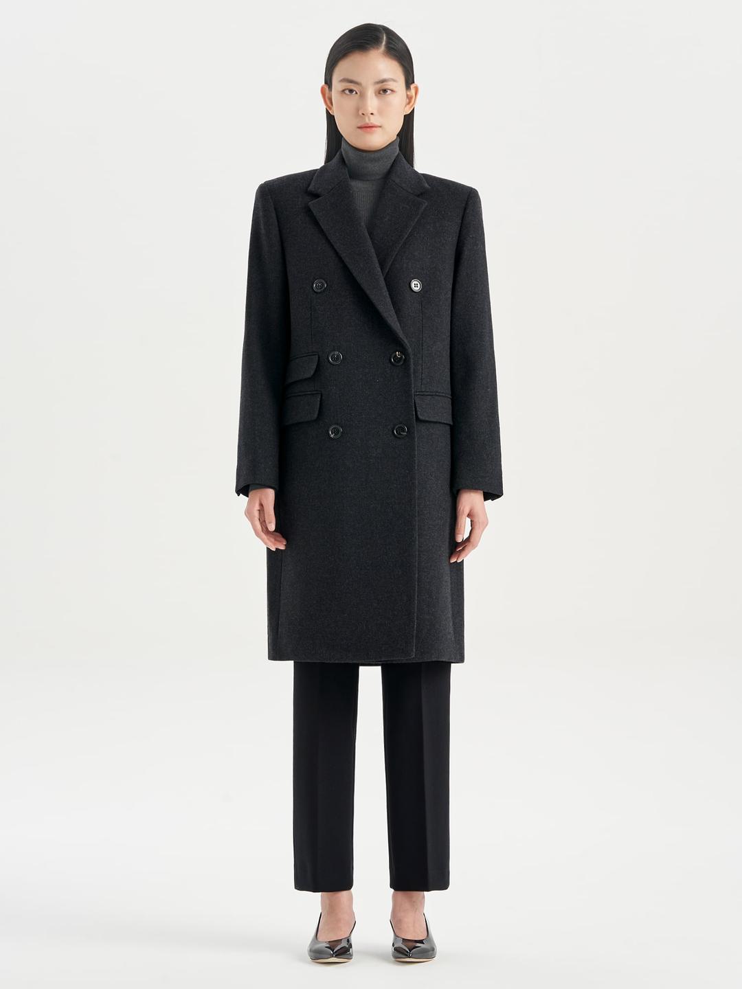 Women Circle Wool Double-breasted Tailor Coat - Charcoal Mealange