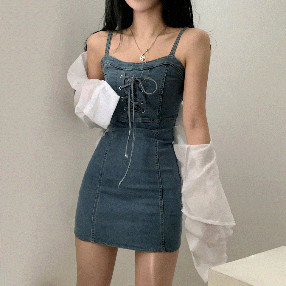 [핏보장] 청춘 페스티벌, 데님 뷔스티에 나시원피스 - 2color