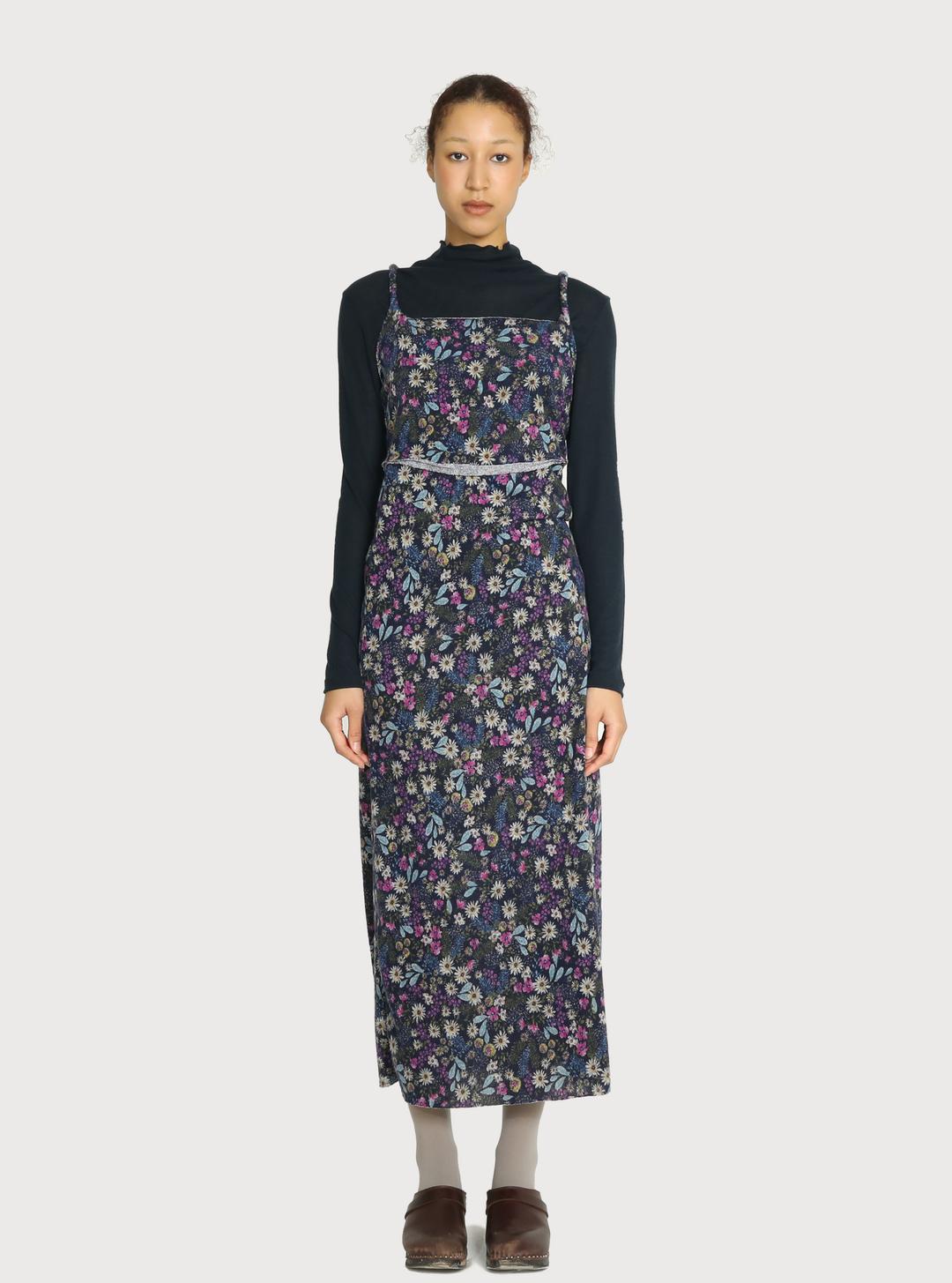 Flower Pattern Brushed Knit Dress - navy