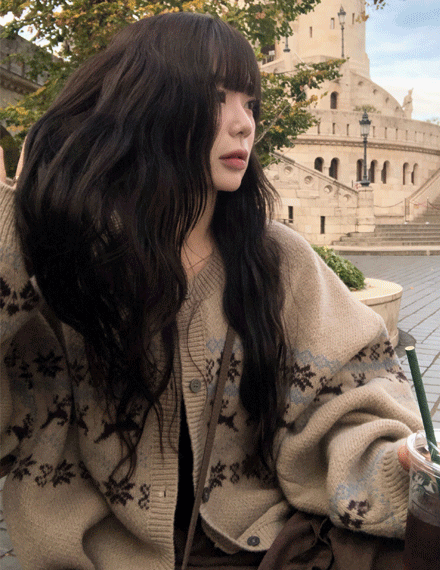 빈블 [루즈핏/빈티지] @vinvle made, 몰리브 니트 자가드 노르딕 가디건