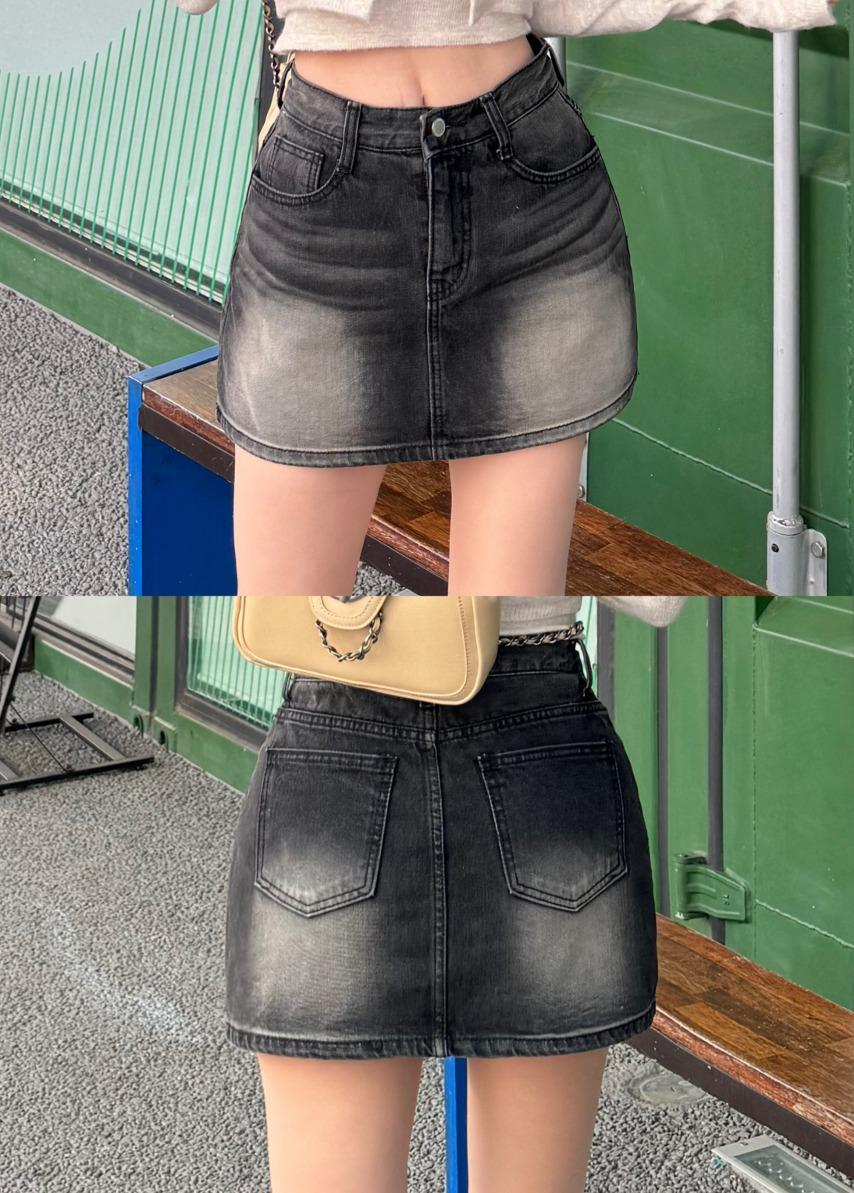 골반볼륨업 흑청 하이라이트 워싱 반 하이웨스트 치마바지