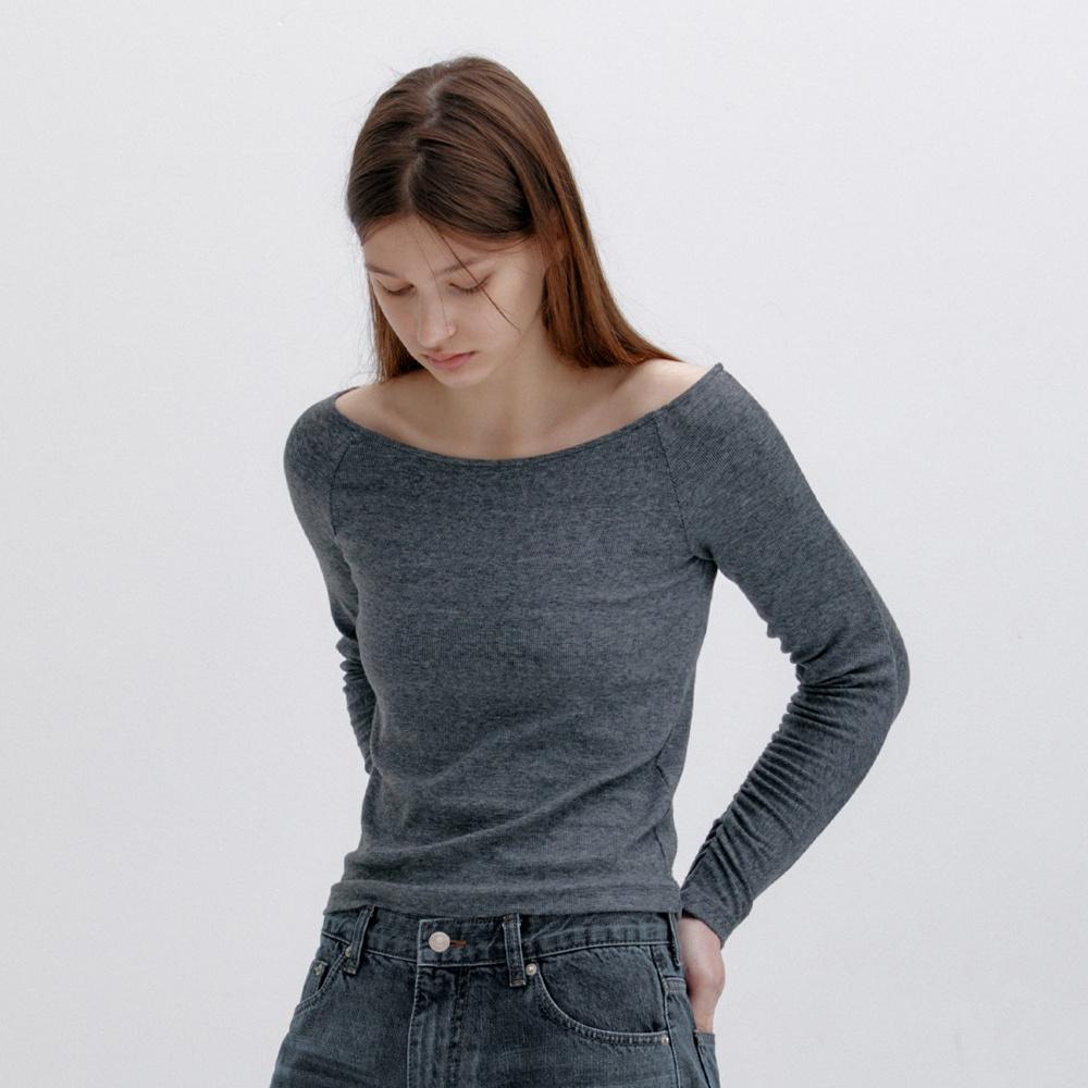 RUCHED OFF-SHOULDER T-SHIRT_MELANGE GREY_LC241_TS05MG