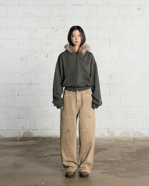 빈티지 퍼트리밍 투톤 후디집업(카키)