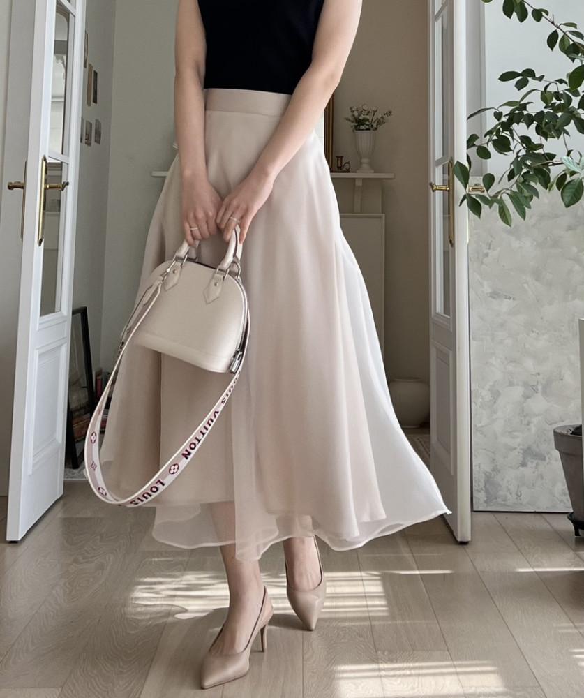 여신 오간자 새틴 뒷밴딩 플레어 롱스커트