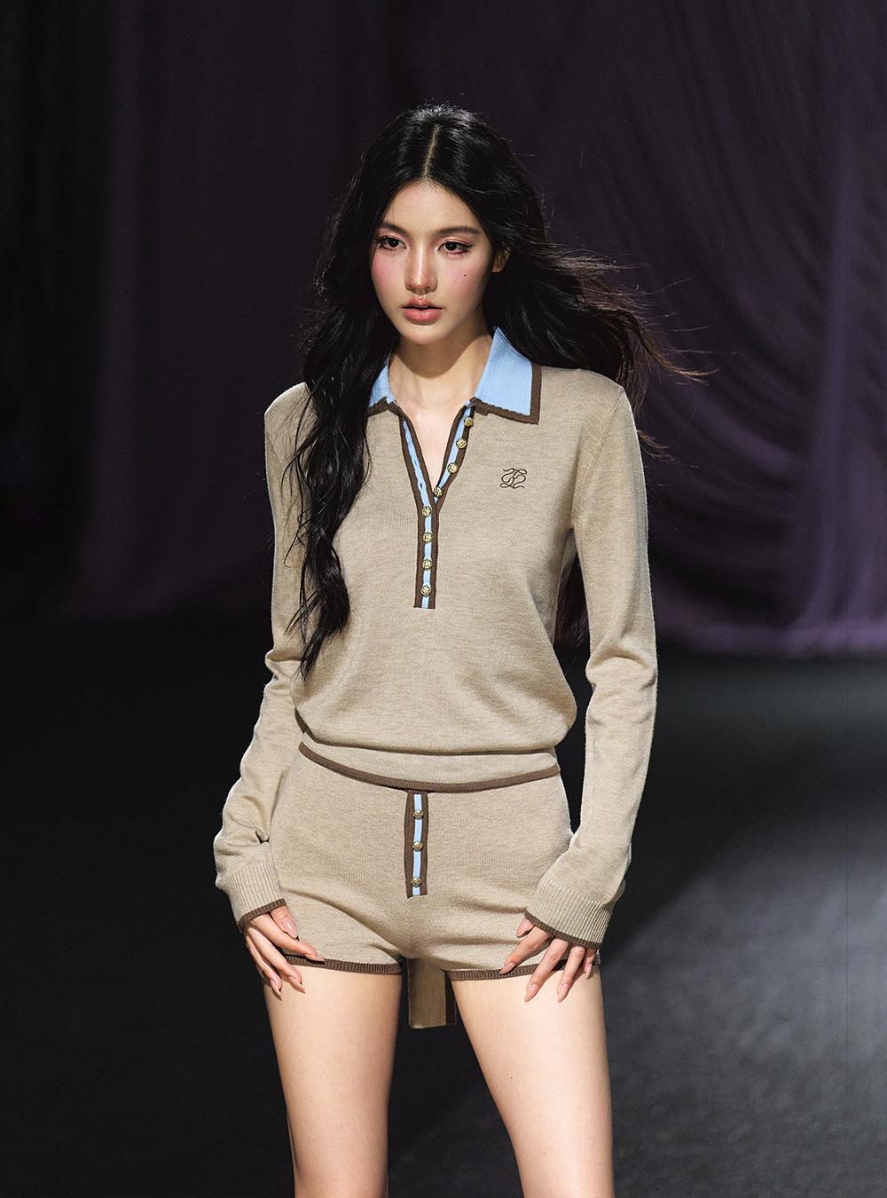 Strappy Knit Polo Button Top & Shorts (2piece)