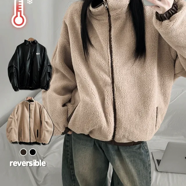 1+1할인[양털안감/리버시블] 양면 리버시블 루즈핏 퍼 페이크레더자켓
