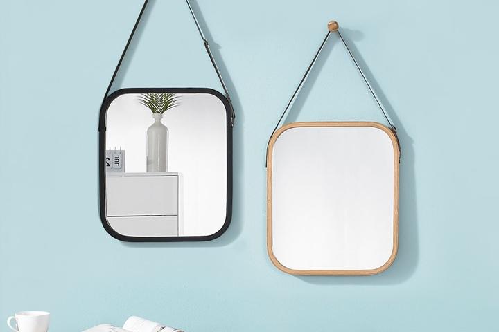 스트랩 원목 벽걸이 거울 사각