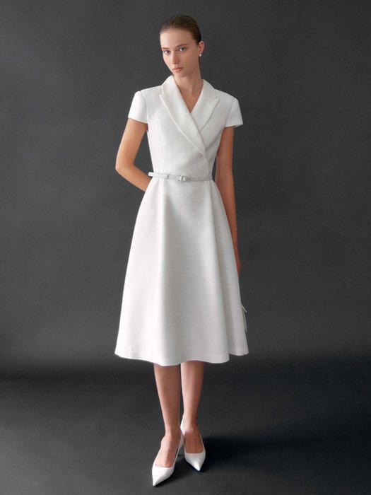 VERONICA Peaked collar capsleeve flared midi tweed dress (Minty blue/Ivory/Black)
