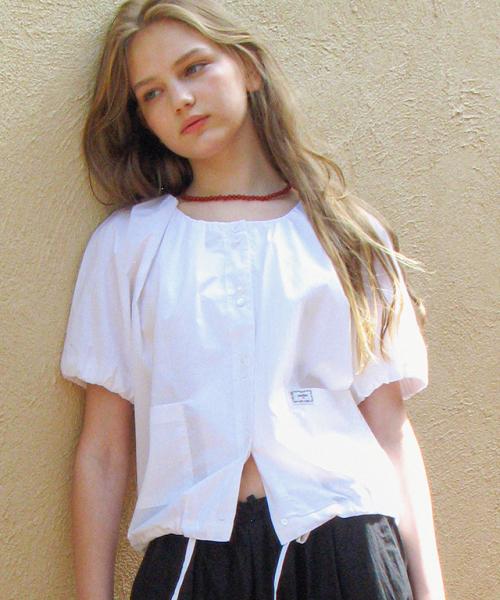 ROUND SHIRRING STRING HALF BLOUSE WHITE