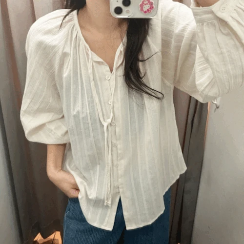 나그랑 소매 셔링 긴팔 리본끈 가을 블라우스