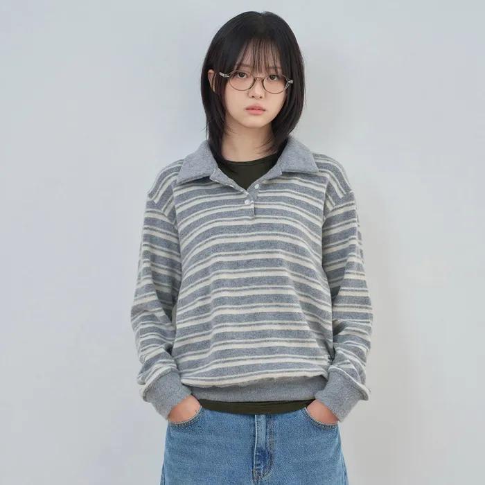 ke304-Stripe Collar Knit Gray