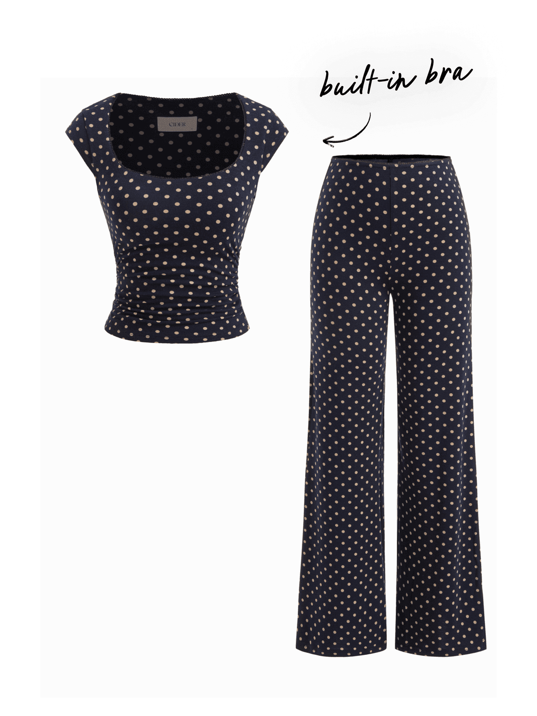 Built-in Bra Scoop Neckline Polka Dot Ruched Top & Mid Rise Straight Leg Trousers Loungewear Set