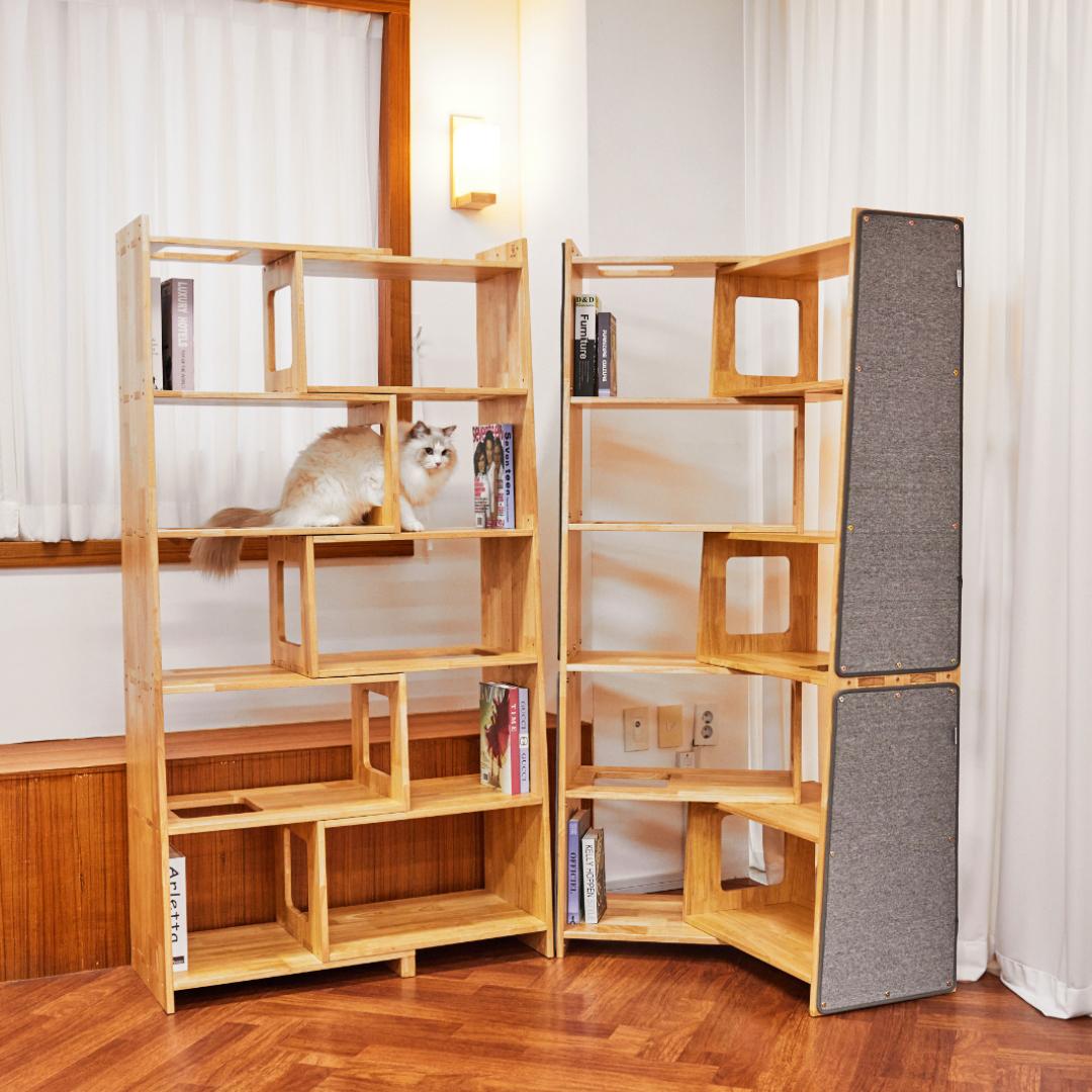 퍼르르펙트 모던 가변형 책장타워 고무나무 대형 6단 고양이 계단형 캣타워 원목 가구