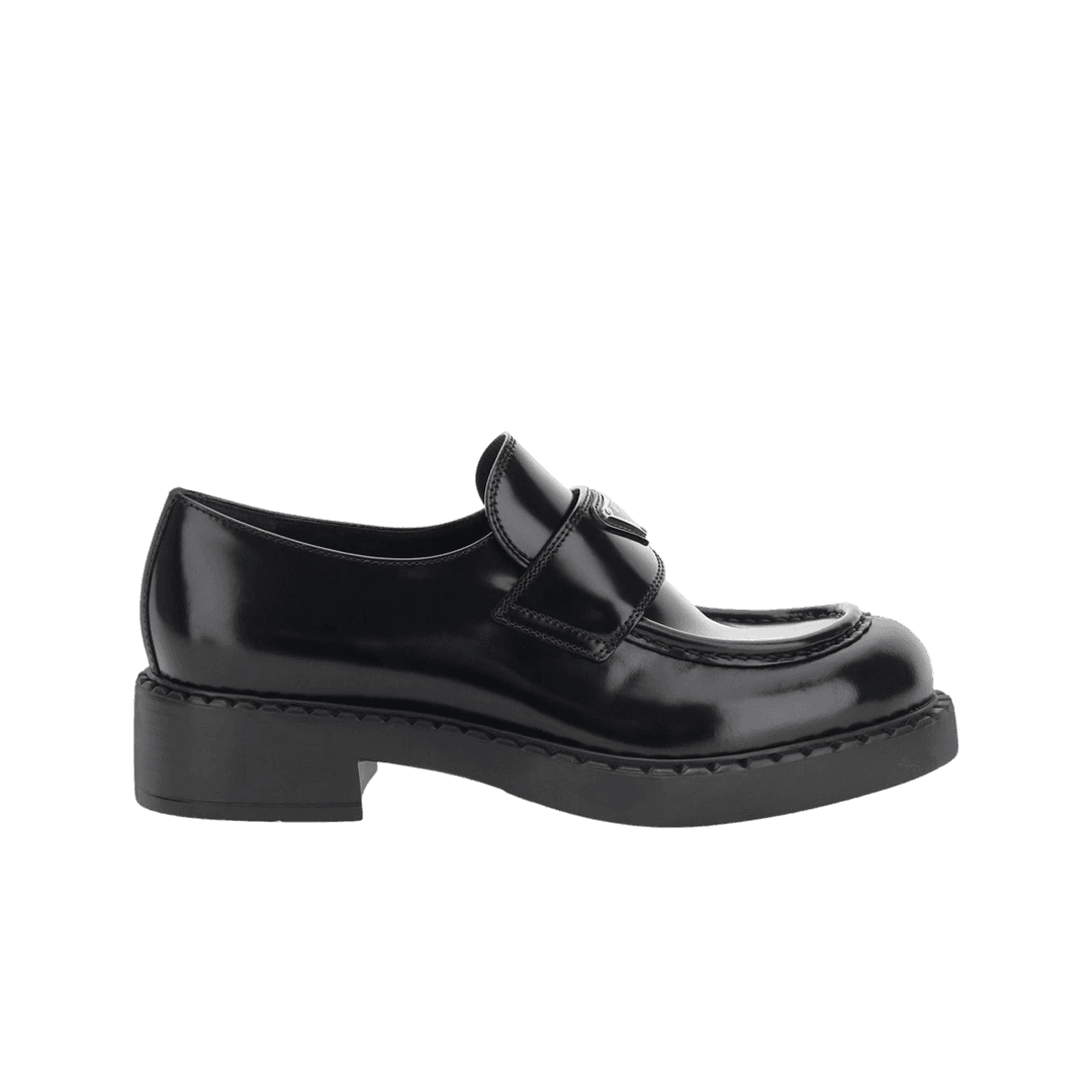 (W) Prada Chocolate Brushed Leather Loafers Black