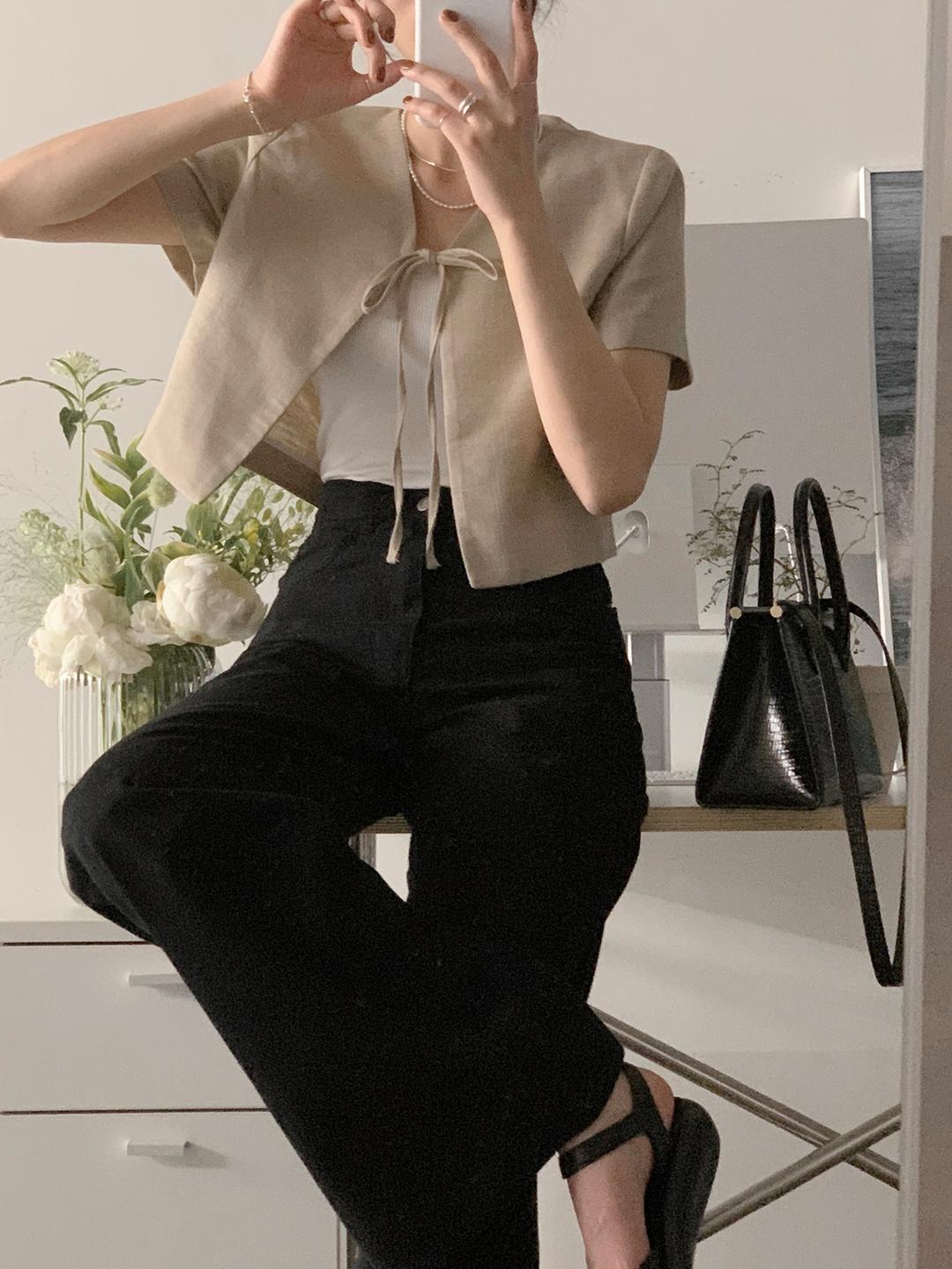 리프 브이넥 린넨 크롭자켓