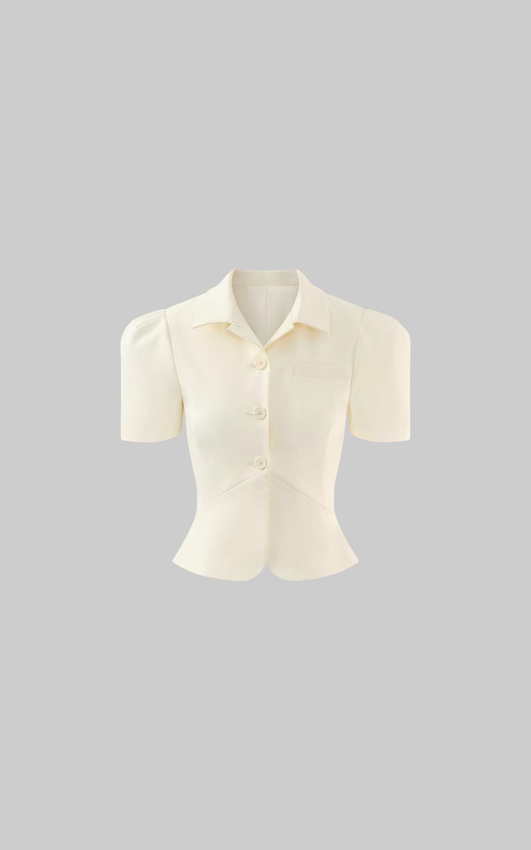 <tc>ROVENTE</tc> 곡선 밑단과 슬림한 허리 라인의 맞춤 퍼프 소매 셔츠