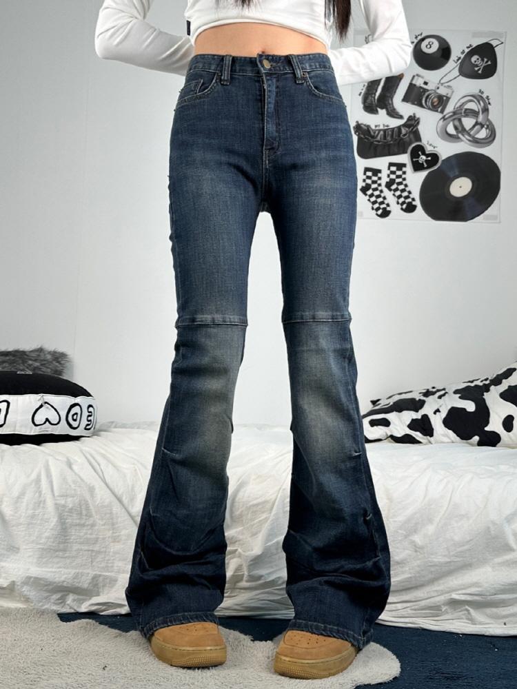 셔리 셔링 폴드 포인트 진청 부츠컷 데님 팬츠