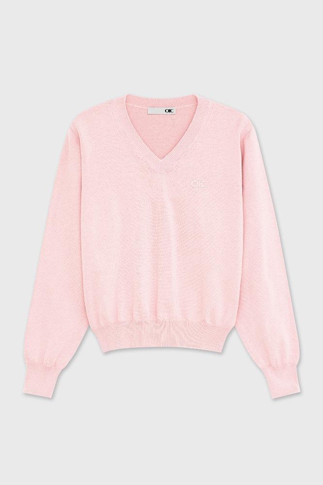 클래식 자수 브이넥 니트 [PINK] - 오아이오아이컬렉션