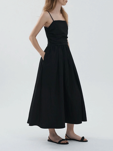 로더벨 여성 여름 슬리브리스 끈 튜브탑 스퀘어넥 스모크 플레어 A라인 뷔스티에 롱원피스