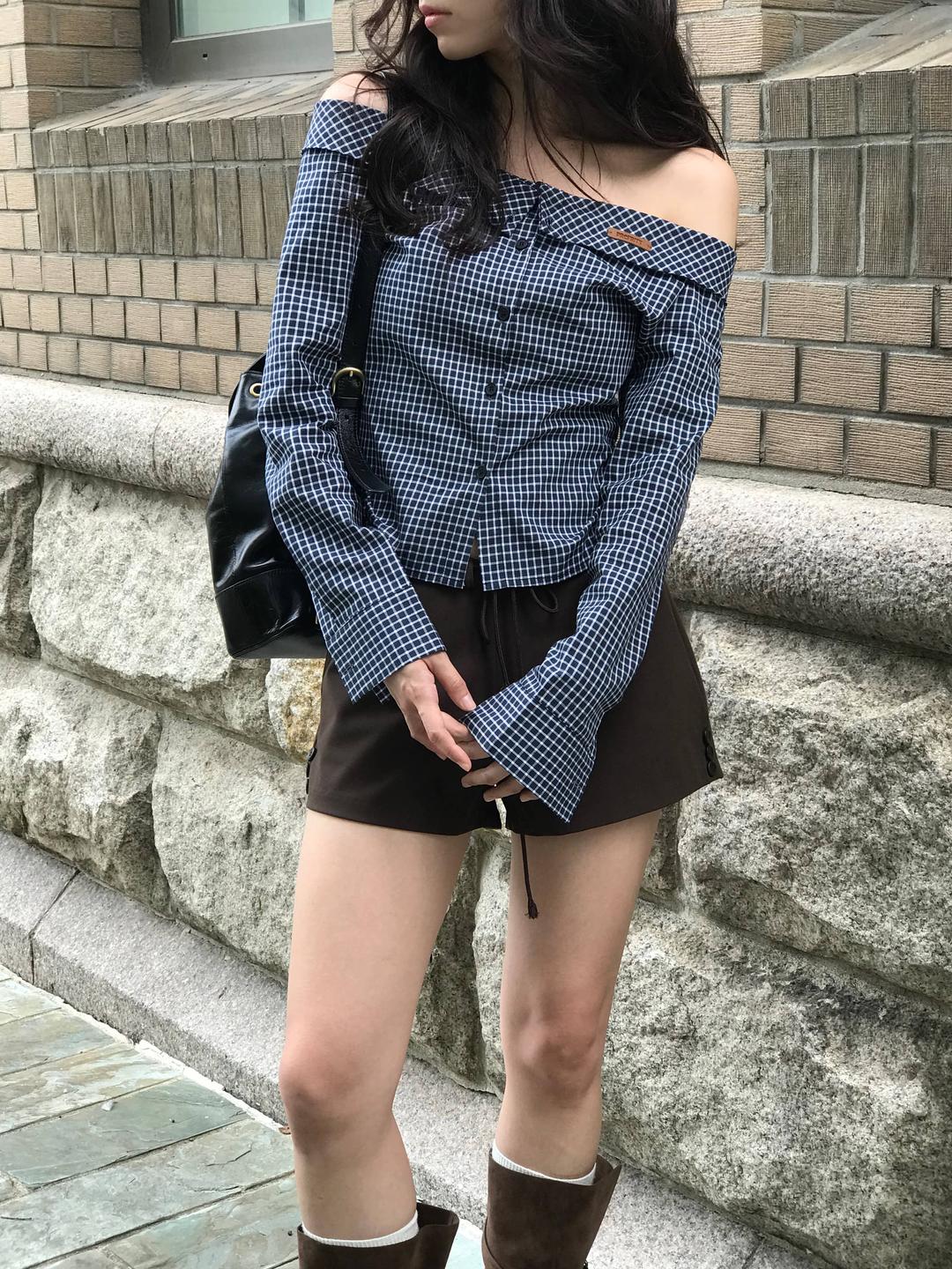 PREFRITT : Liz off-shoulder check blouse