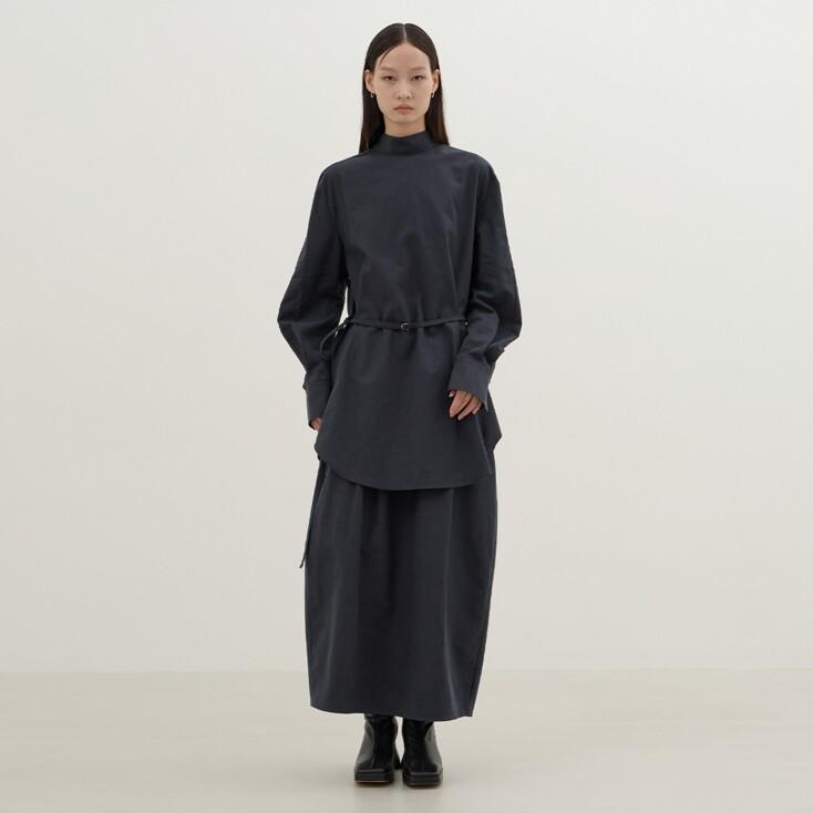 Mock Neck Belted Dress (Navy)