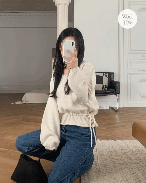 닐로 스트링니트 2color  데일리룩/러블리/울혼방니트/브이넥니트/스트링니트/포인트니트/간절기니트/겨울니트/캐주얼룩/윈터룩